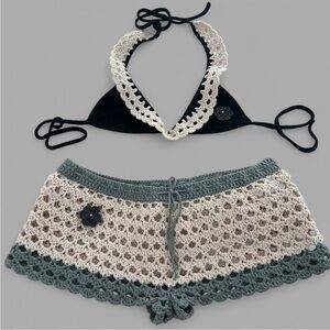 Chic Crochet Bikini Set in Black and Cream